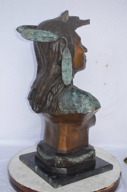 Indian Tribe Leader Bust bronze statue - Size: 22"L x 15"W x 32"H.