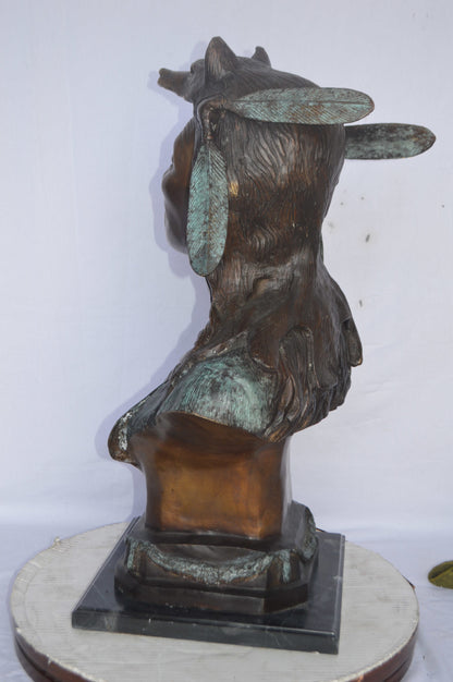 Indian Tribe Leader Bust bronze statue - Size: 22"L x 15"W x 32"H.