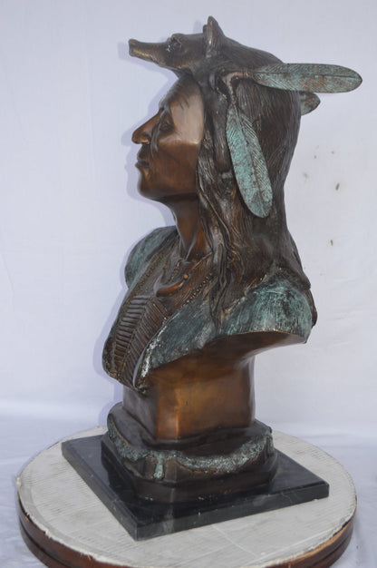 Indian Tribe Leader Bust bronze statue - Size: 22"L x 15"W x 32"H.