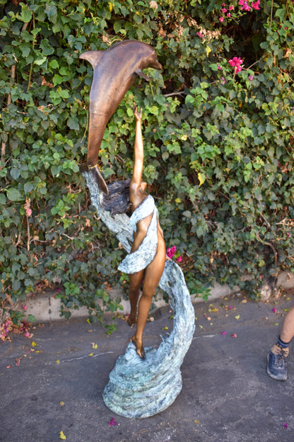 Dolphin Trainer In Action Bronze Statue Fountain Life Size 19" x 26" x 74"H