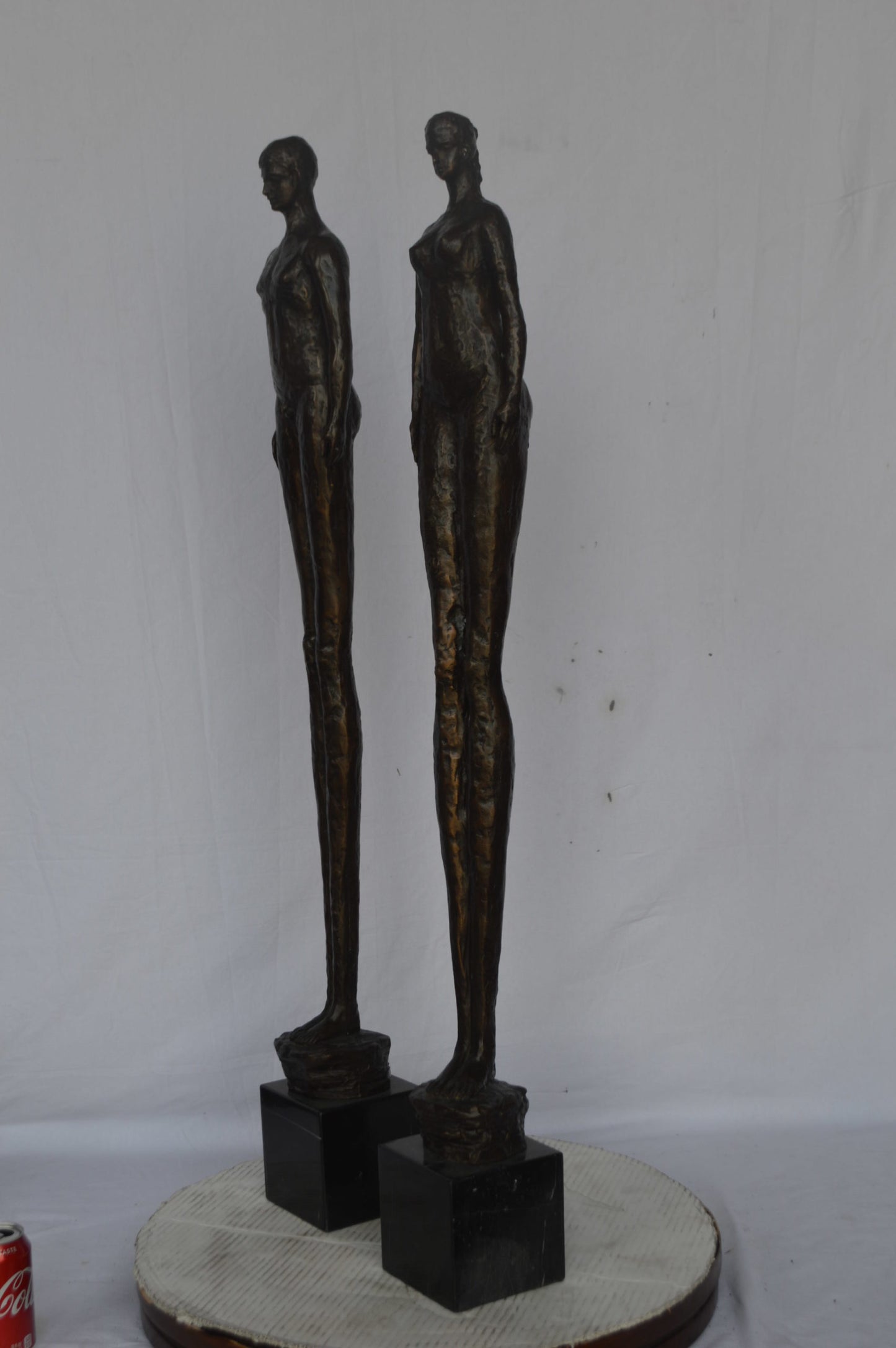 Modern art Pair, tall couple standing bronze statue - Size: 5"L x 5"W x 45"H.