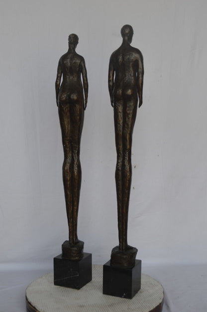 Modern art Pair, tall couple standing bronze statue - Size: 5"L x 5"W x 45"H.