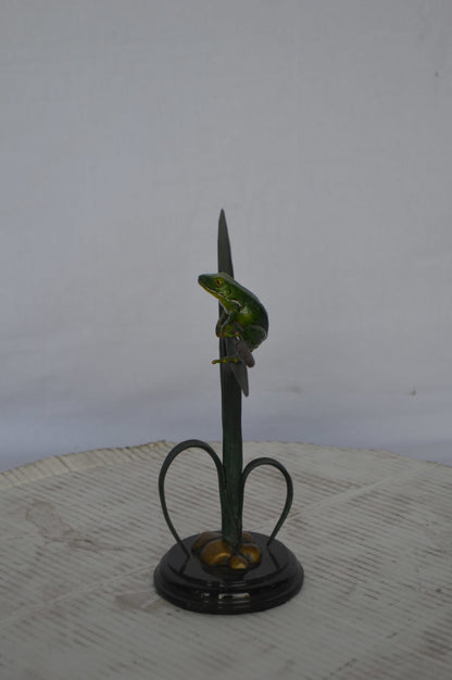 Resting Blue Frog Bronze Statue - Size: 16"L x 5"W x 12"H.