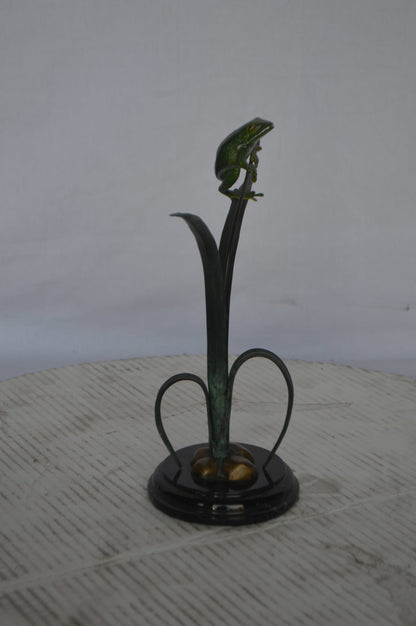 Resting Blue Frog Bronze Statue - Size: 16"L x 5"W x 12"H.