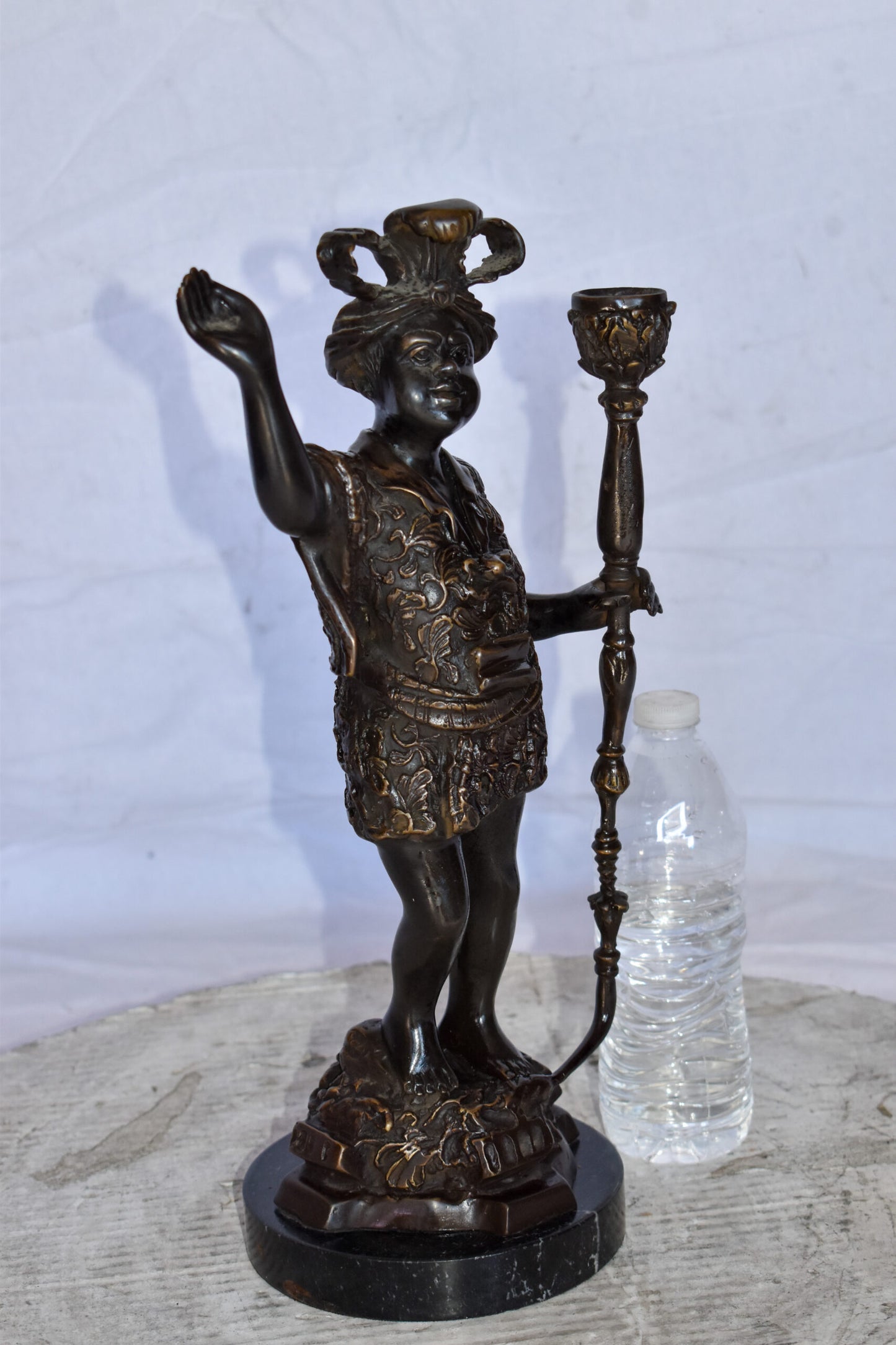 Blackamoor Candle Holder Made of Bronze Statue Mounted on Marble  9" x 4" x 17"H