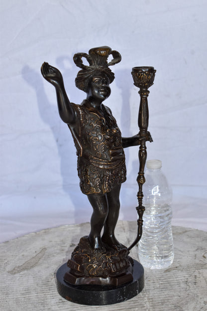 Blackamoor Candle Holder Made of Bronze Statue Mounted on Marble  9" x 4" x 17"H