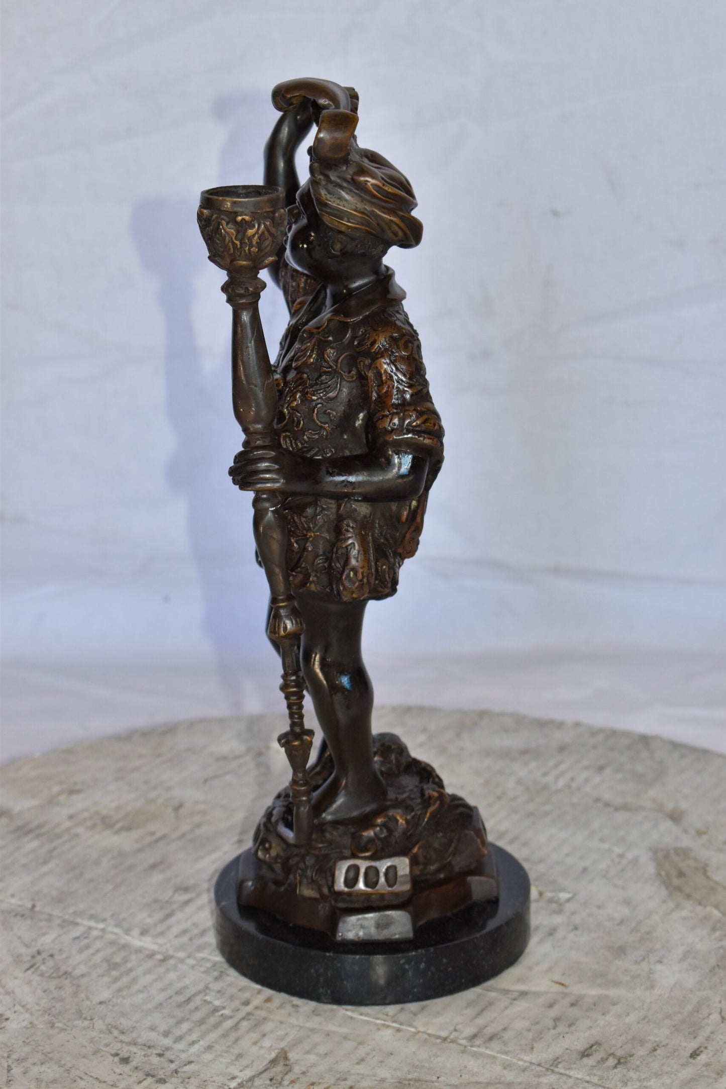 Blackamoor Candle Holder Made of Bronze Statue Mounted on Marble  9" x 4" x 17"H