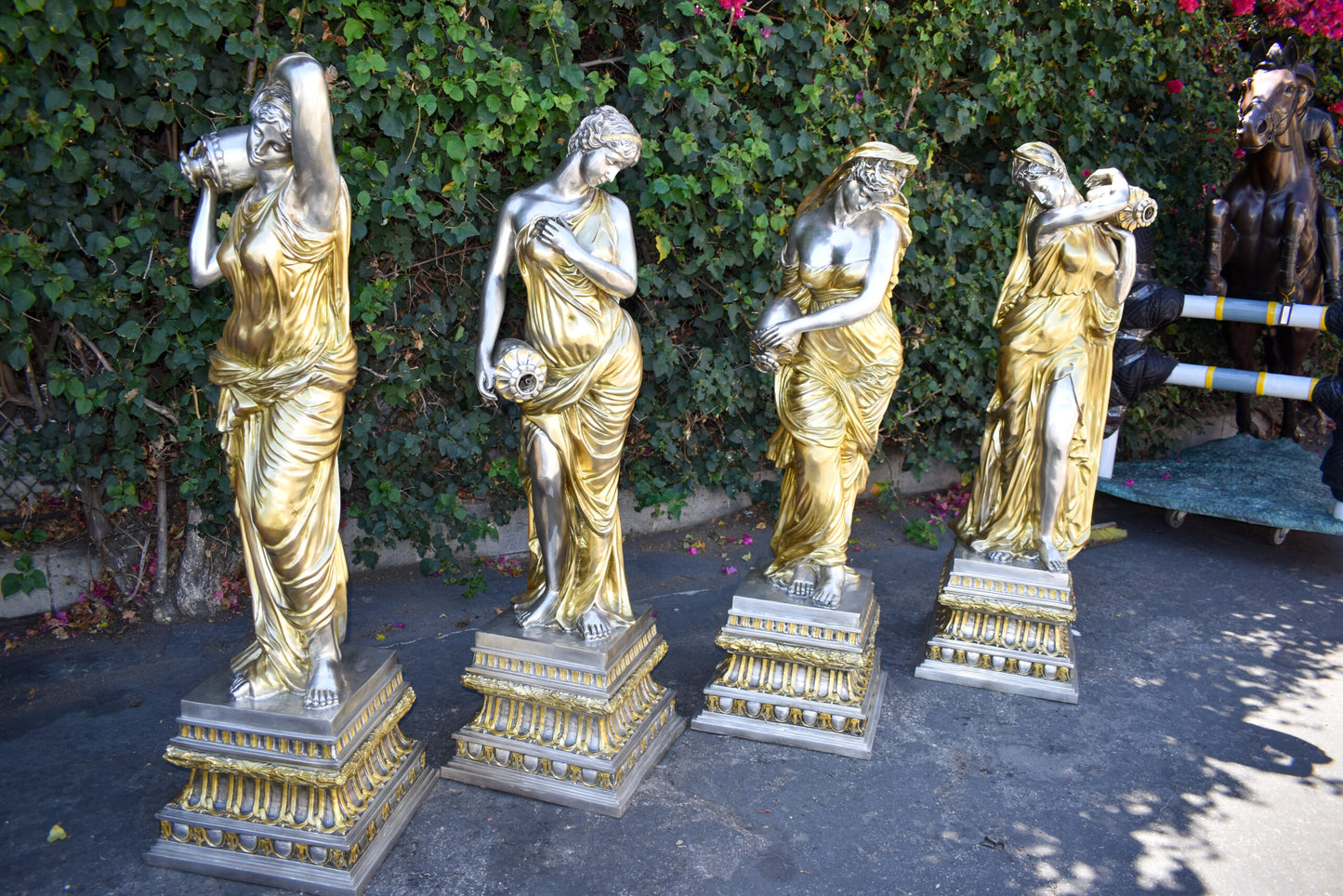 Four Lifesize Garden Statue Fountains Gold and Silver Size: 72" x 72" x 60"H