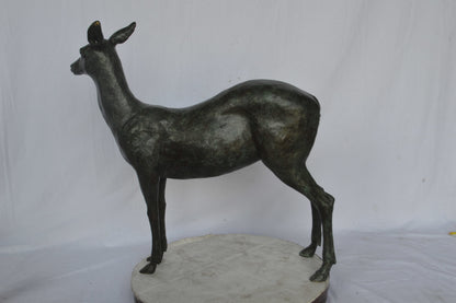 Doe - Baby Deer Green patina Bronze Statue - Size: 30"L x 8"W x 31"H.