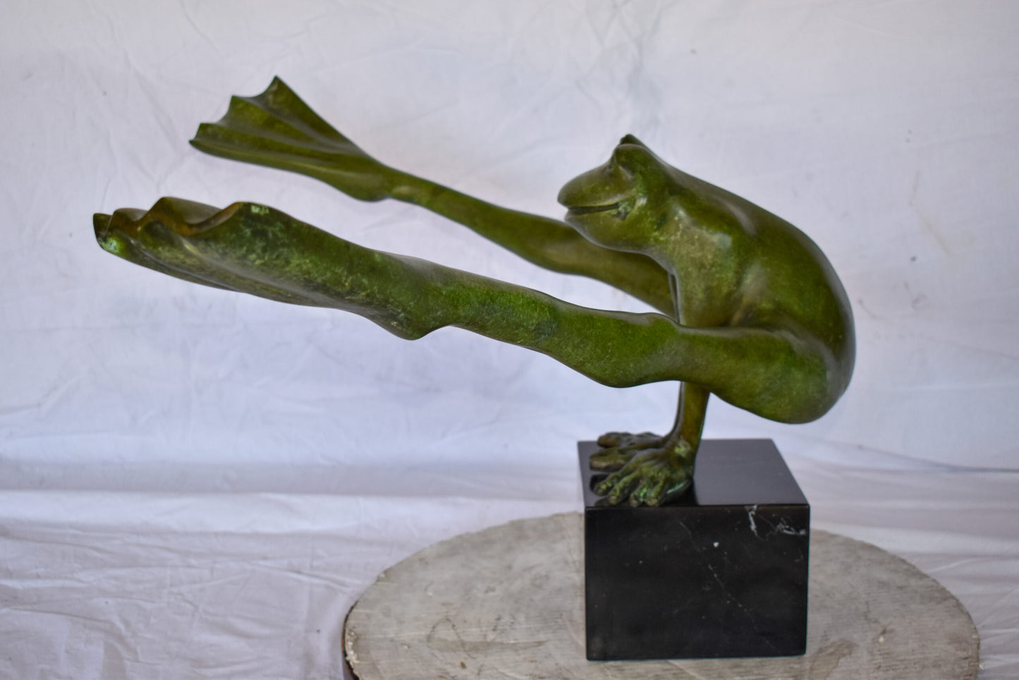 Acrobatic Frog Green Patina Bronze Statue Mounted on A Marble  43" x 26" x 20"H