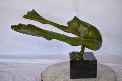 Acrobatic Frog Green Patina Bronze Statue Mounted on A Marble  43" x 26" x 20"H