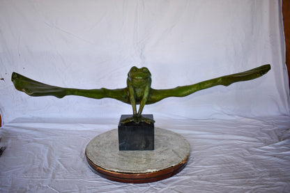 Acrobatic Frog Green Patina Bronze Statue Mounted on A Marble  43" x 26" x 20"H