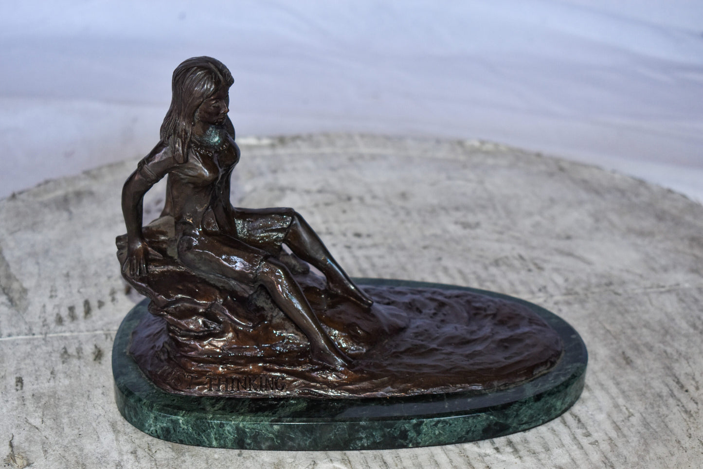 Women Thinking by The Lake Bronze Statue on Marble Size: 10" x 6" x 7"H