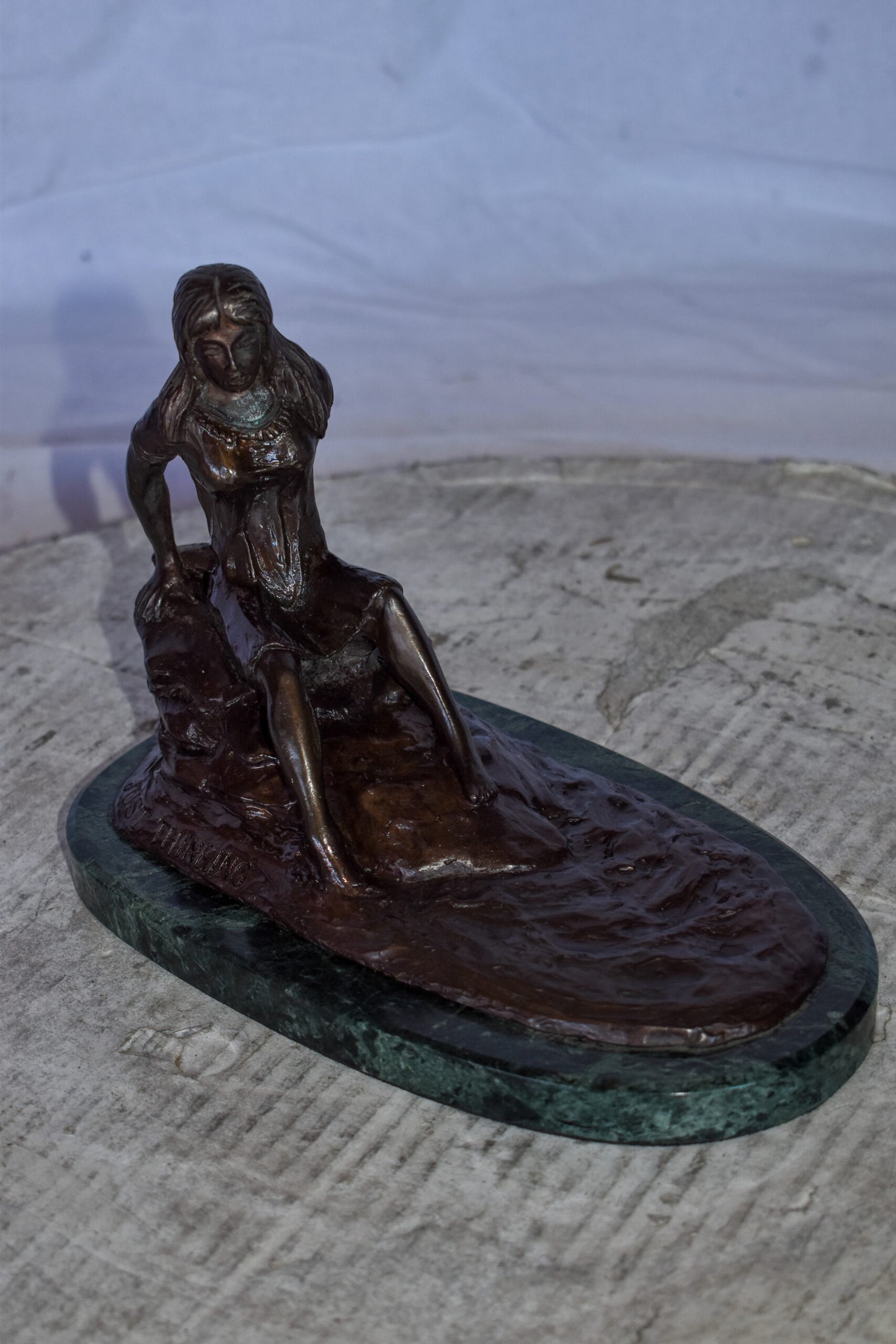 Women Thinking by The Lake Bronze Statue on Marble Size: 10" x 6" x 7"H