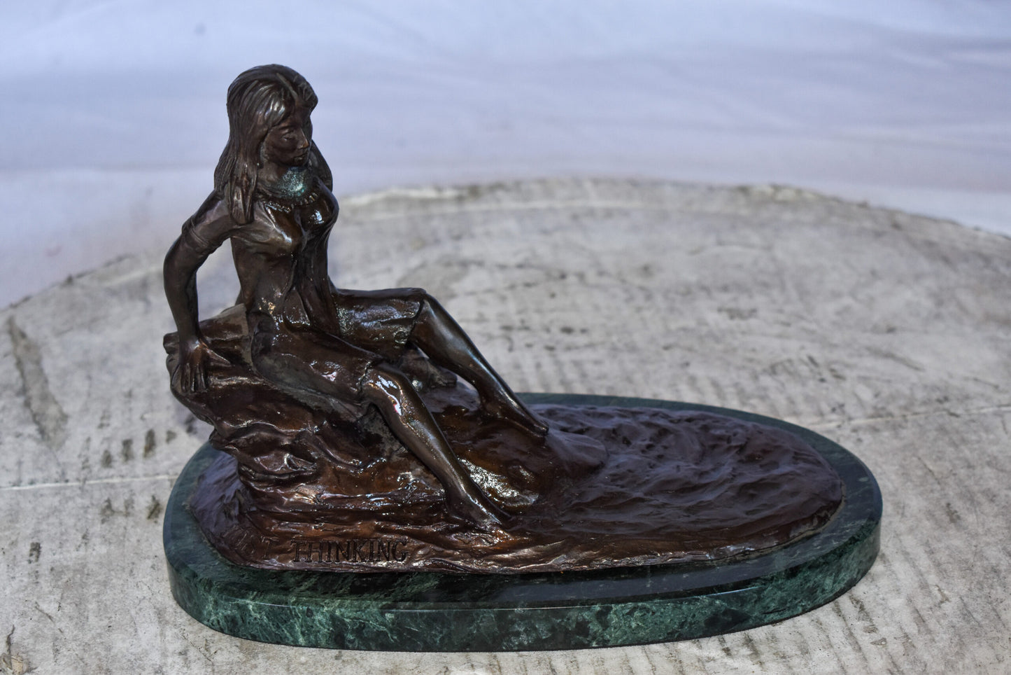 Women Thinking by The Lake Bronze Statue on Marble Size: 10" x 6" x 7"H