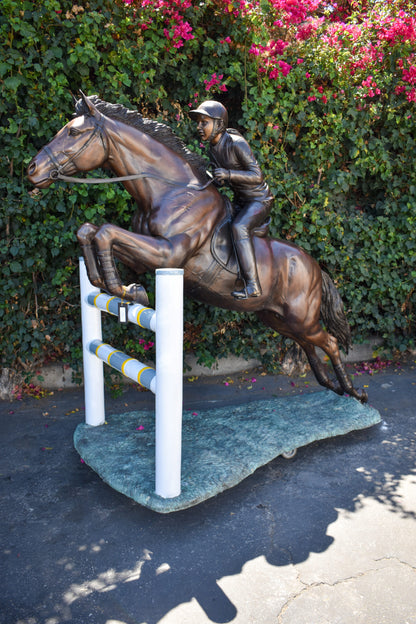 Life Size Horseback Rider Jumping Realistic Bronze Statue Size: 85" x 45" x 71"H
