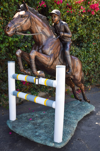 Life Size Horseback Rider Jumping Realistic Bronze Statue Size: 85" x 45" x 71"H