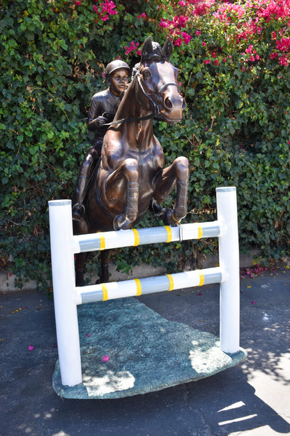 Life Size Horseback Rider Jumping Realistic Bronze Statue Size: 85" x 45" x 71"H