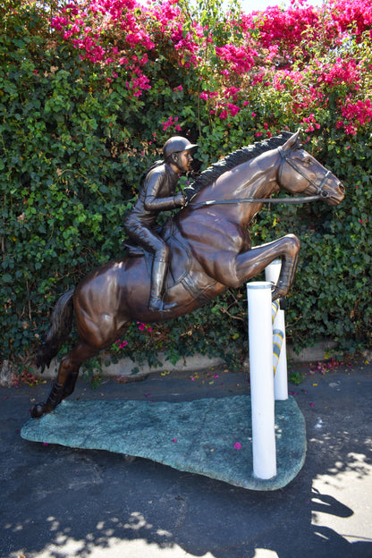 Life Size Horseback Rider Jumping Realistic Bronze Statue Size: 85" x 45" x 71"H