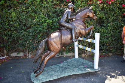 Life Size Horseback Rider Jumping Realistic Bronze Statue Size: 85" x 45" x 71"H