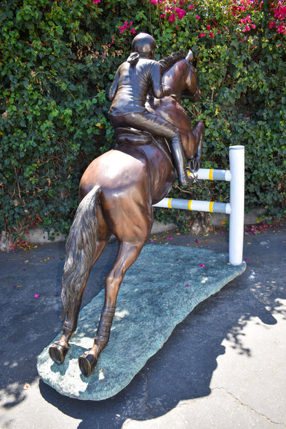 Life Size Horseback Rider Jumping Realistic Bronze Statue Size: 85" x 45" x 71"H