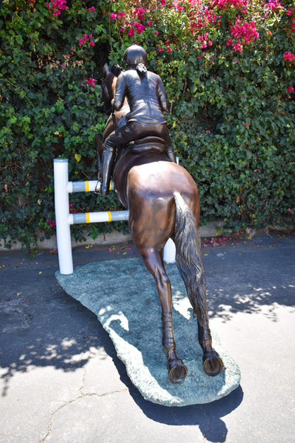 Life Size Horseback Rider Jumping Realistic Bronze Statue Size: 85" x 45" x 71"H
