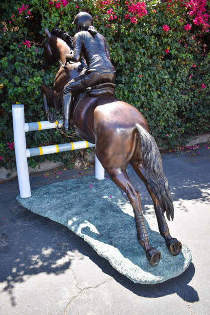Life Size Horseback Rider Jumping Realistic Bronze Statue Size: 85" x 45" x 71"H