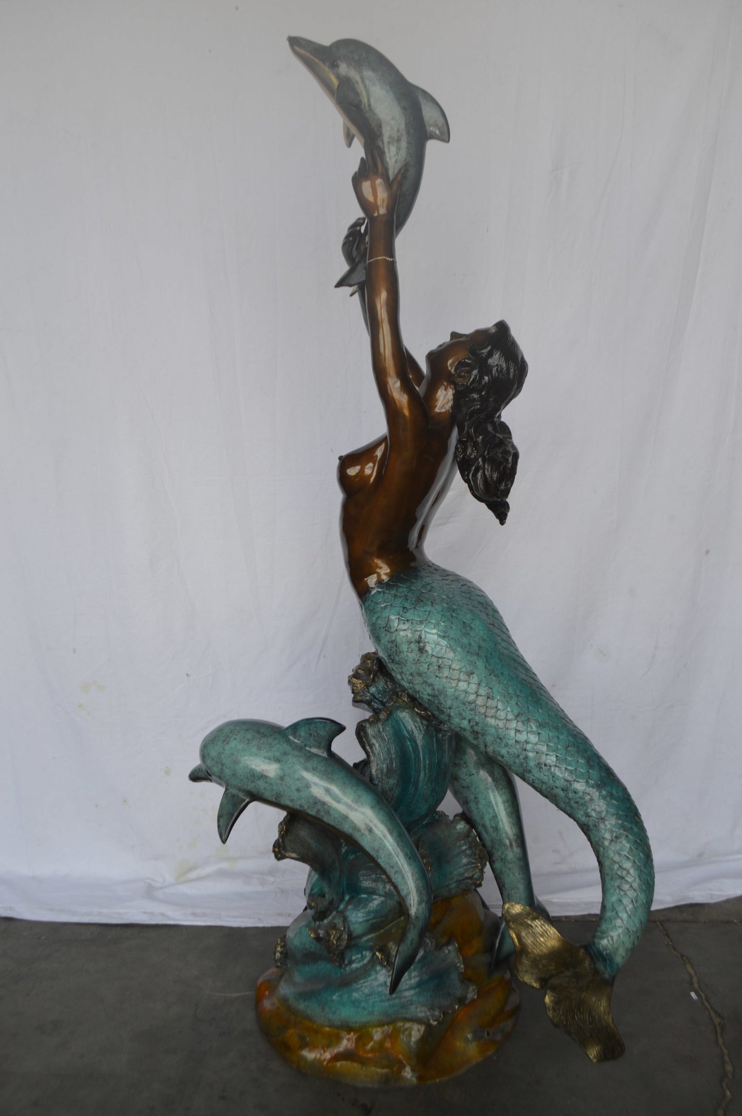 Mermaid and Three dolphins fountain bronze statue - Size: 34"L x 41"W x 83"H.