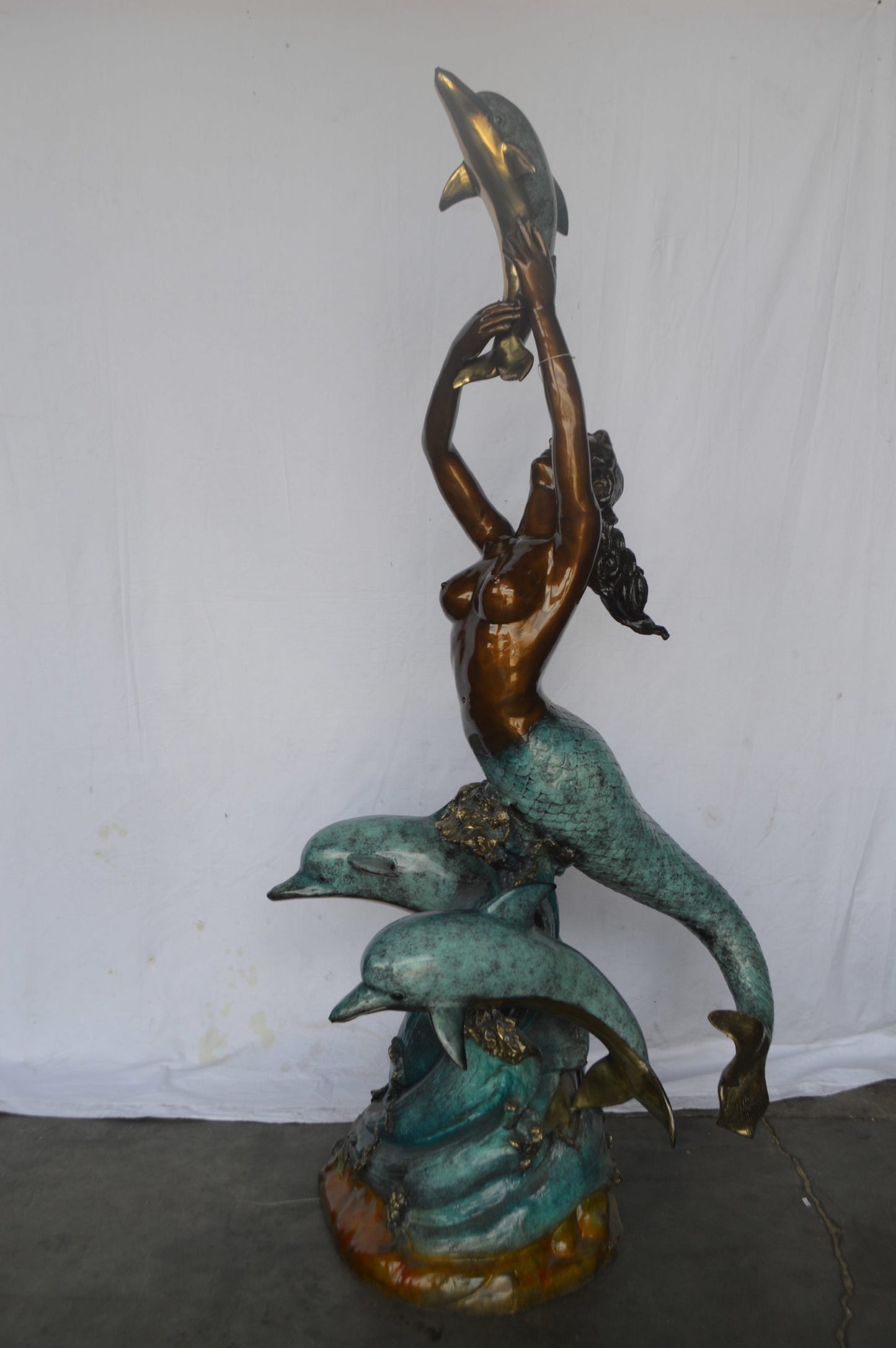 Mermaid and Three dolphins fountain bronze statue - Size: 34"L x 41"W x 83"H.
