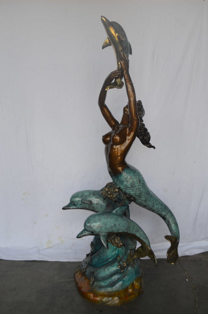 Mermaid and Three dolphins fountain bronze statue - Size: 34"L x 41"W x 83"H.