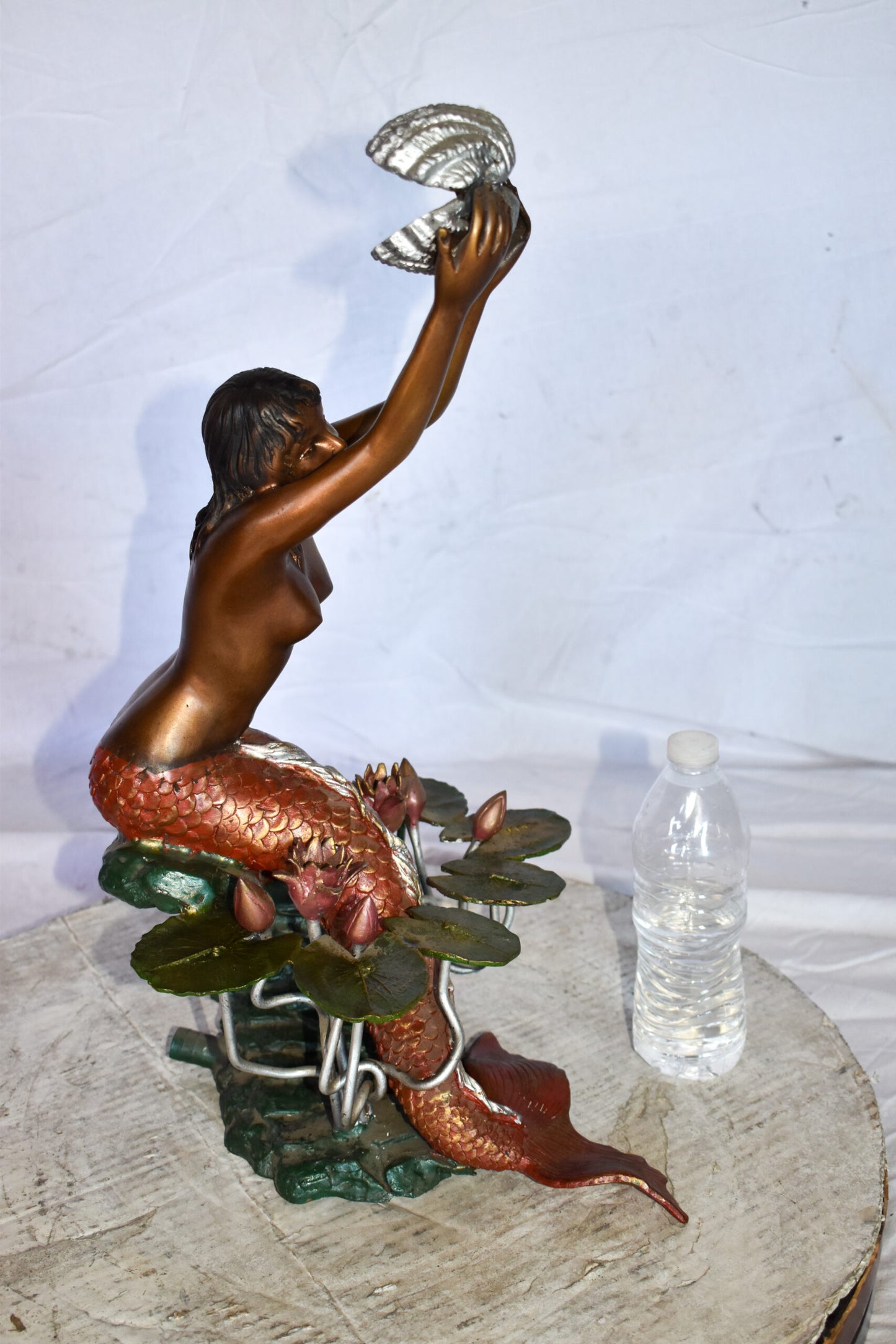 Mermaid Art Nude Holding a Shell Colored Bronze Statue Fountain  10 x 8 x 21”H