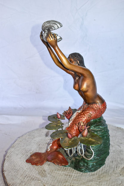 Mermaid Art Nude Holding a Shell Colored Bronze Statue Fountain  10 x 8 x 21”H