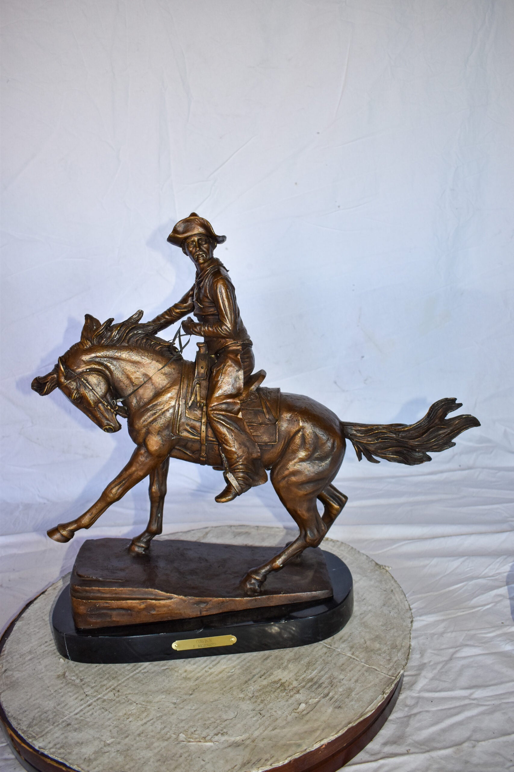 Cowboy Remington Replica Bronze Statue on Triple Marble Size