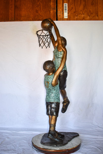 Kids Playing Basketball in Action Life Size Bronze Statue  27" x 17" x 66"H