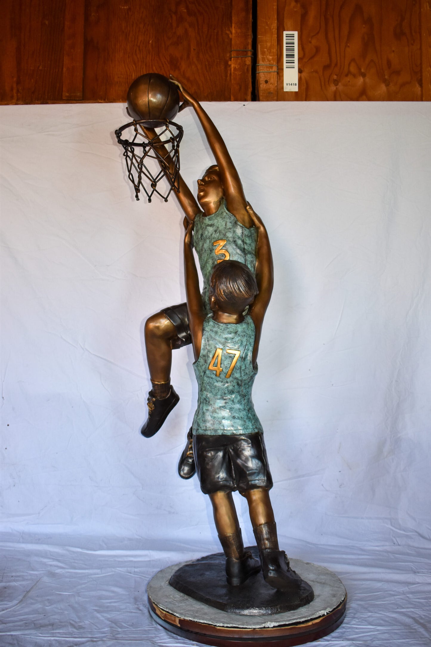 Kids Playing Basketball in Action Life Size Bronze Statue  27" x 17" x 66"H