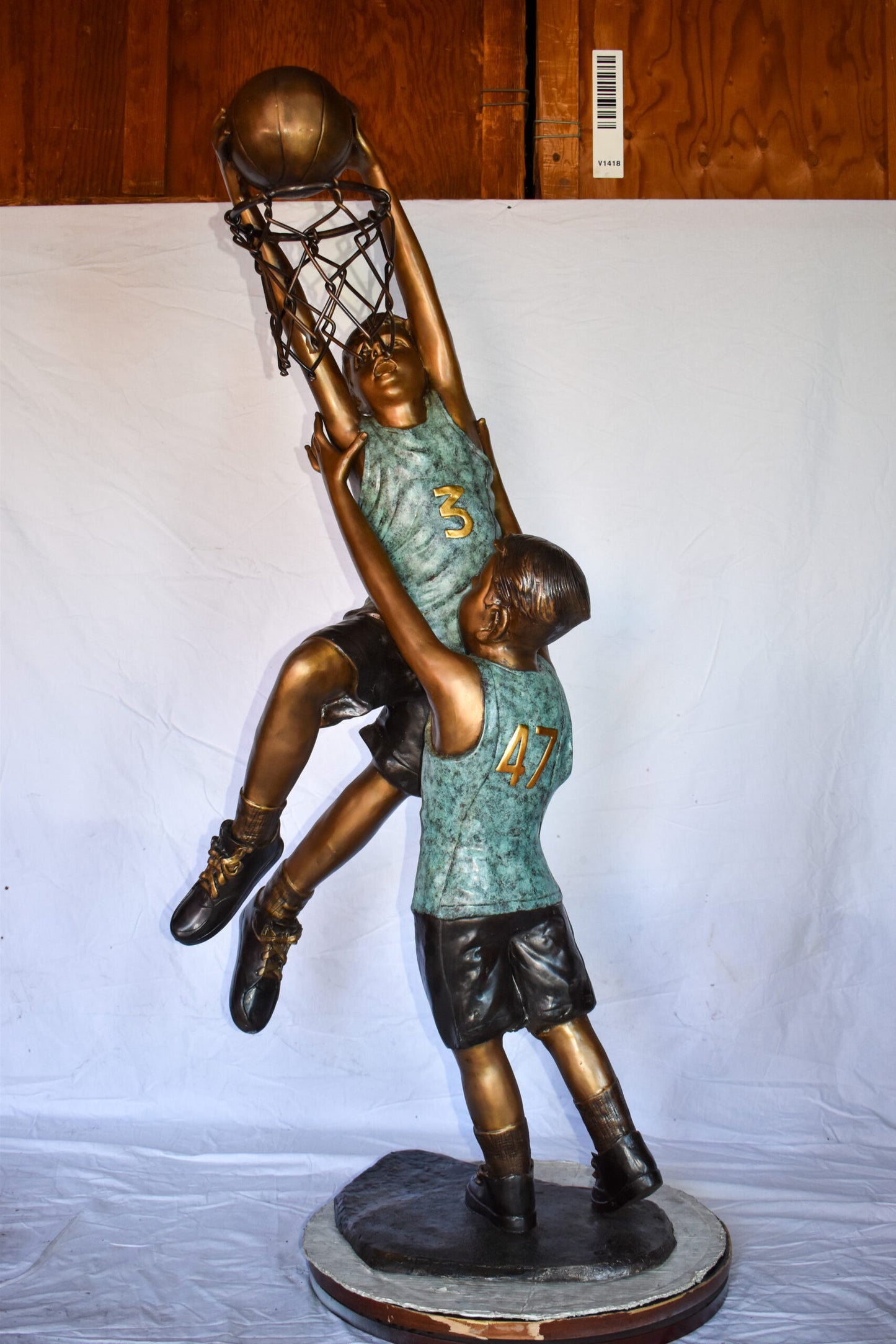 Kids Playing Basketball in Action Life Size Bronze Statue  27" x 17" x 66"H