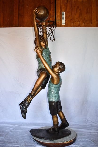 Kids Playing Basketball in Action Life Size Bronze Statue  27" x 17" x 66"H