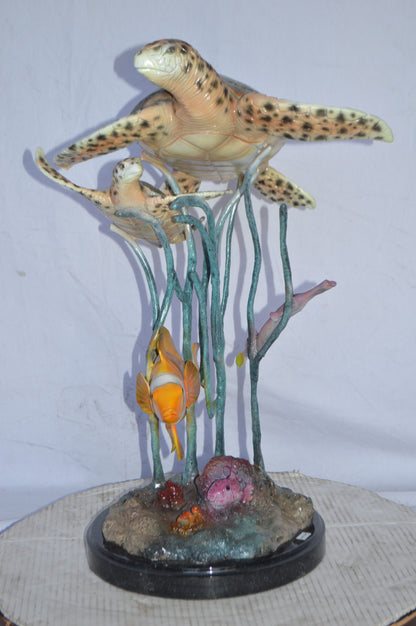 Two Turtles and Nemo Clownfish Bronze Statue - Size: 18"L x 15"W x 26"H.