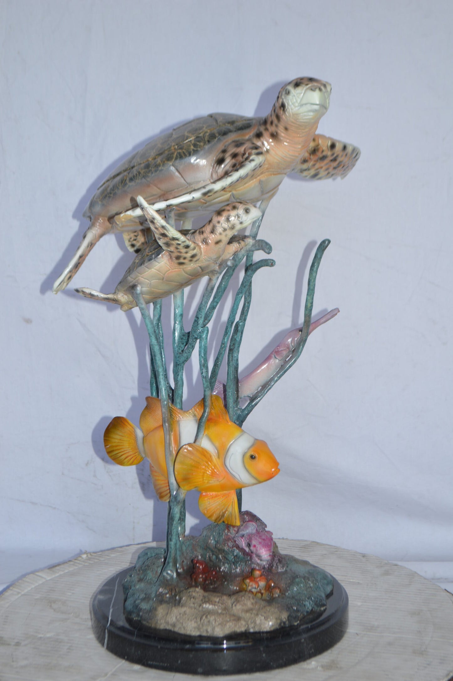 Two Turtles and Nemo Clownfish Bronze Statue - Size: 18"L x 15"W x 26"H.