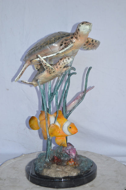 Two Turtles and Nemo Clownfish Bronze Statue - Size: 18"L x 15"W x 26"H.