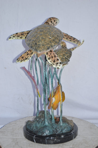 Two Turtles and Nemo Clownfish Bronze Statue - Size: 18"L x 15"W x 26"H.
