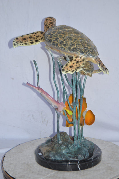 Two Turtles and Nemo Clownfish Bronze Statue - Size: 18"L x 15"W x 26"H.