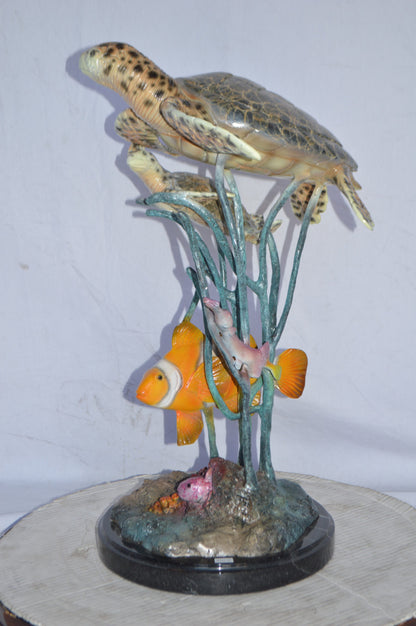 Two Turtles and Nemo Clownfish Bronze Statue - Size: 18"L x 15"W x 26"H.