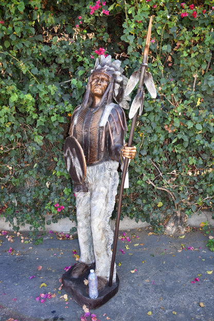 Indian Chief Green and Brown Patina Detailed Bronze Statue 42" x 24" x 74"H