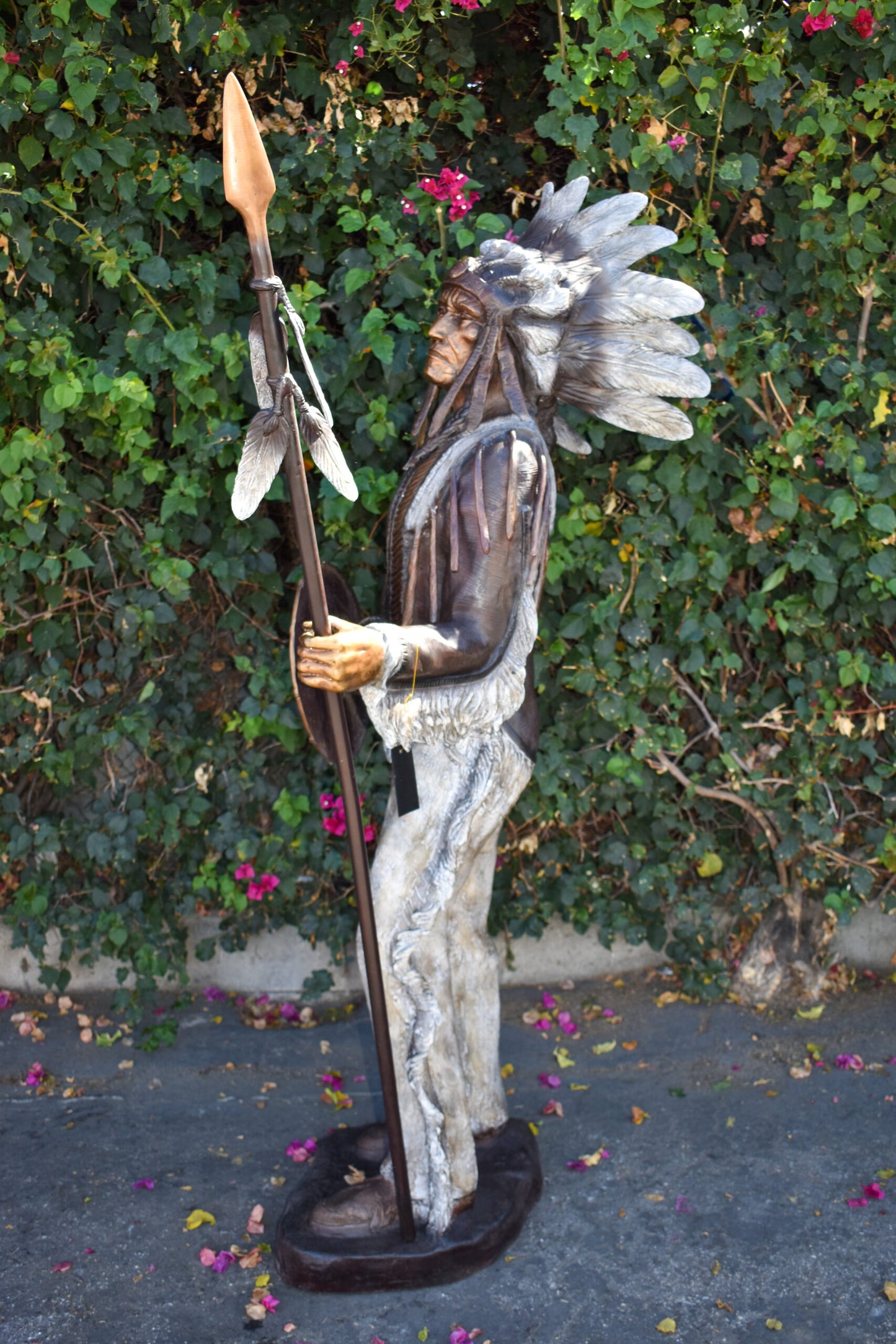 Indian Chief Green and Brown Patina Detailed Bronze Statue 42" x 24" x 74"H