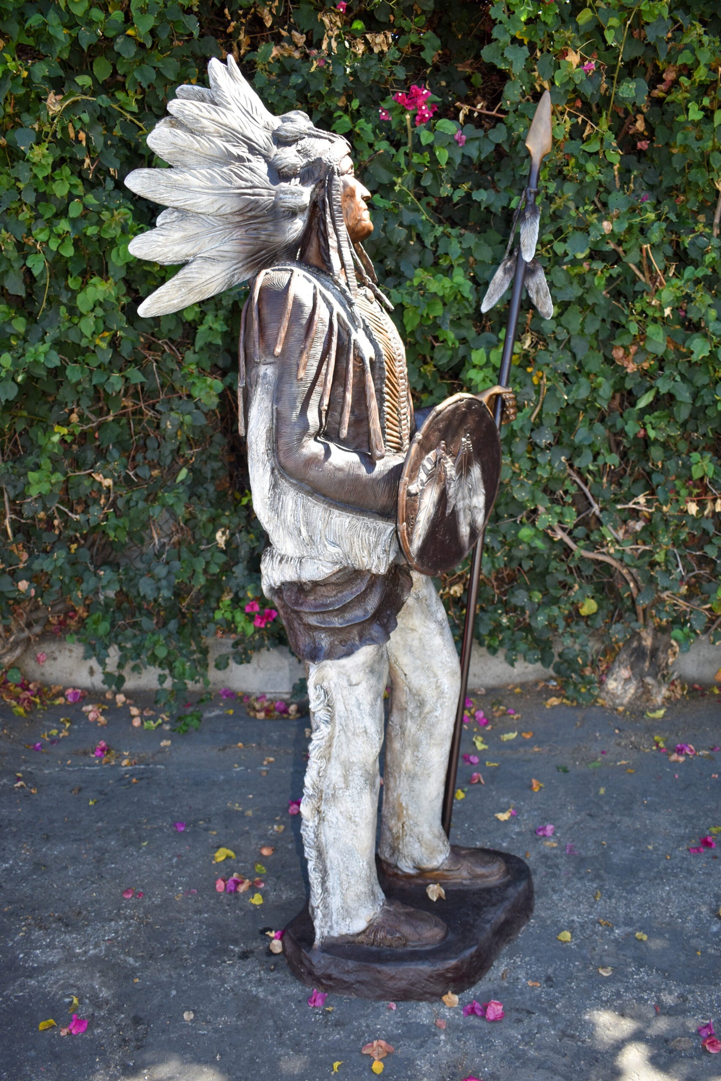 Indian Chief Green and Brown Patina Detailed Bronze Statue 42" x 24" x 74"H