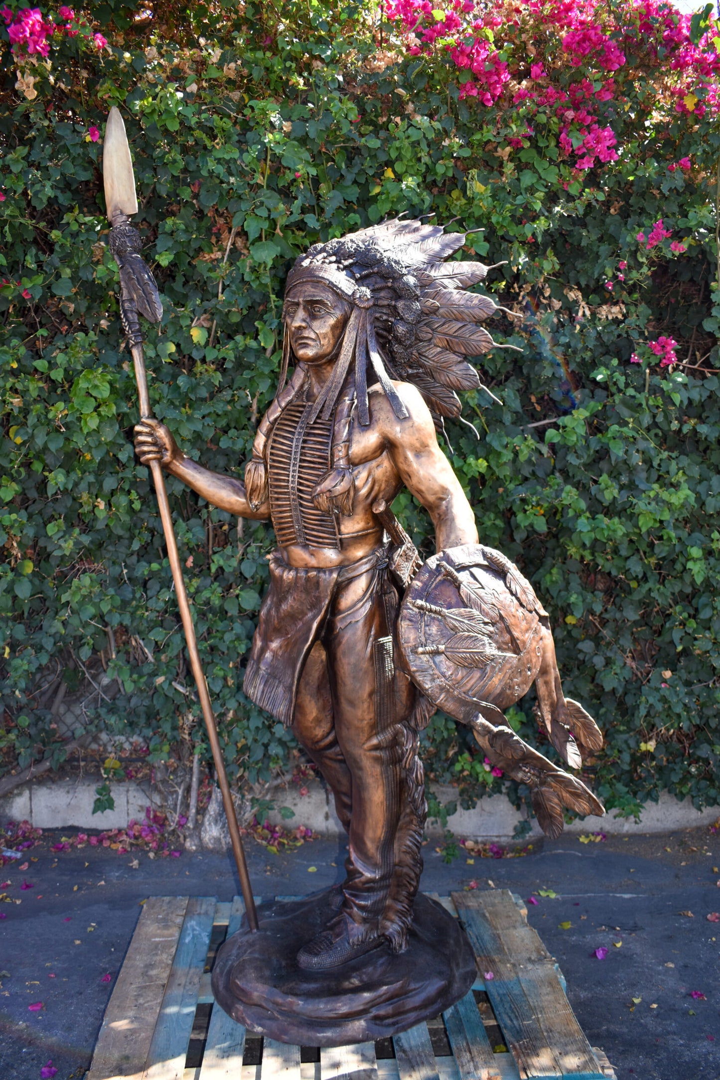 Indian Chief Brown Patina Detailed Bronze Statue Size: 50" x 36" x 95"H