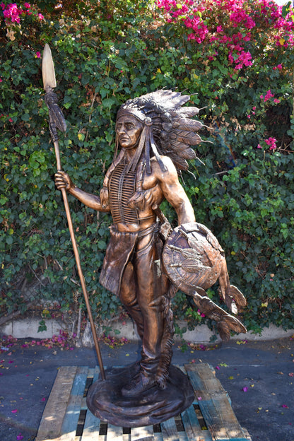 Indian Chief Brown Patina Detailed Bronze Statue Size: 50" x 36" x 95"H