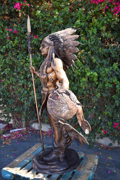 Indian Chief Brown Patina Detailed Bronze Statue Size: 50" x 36" x 95"H