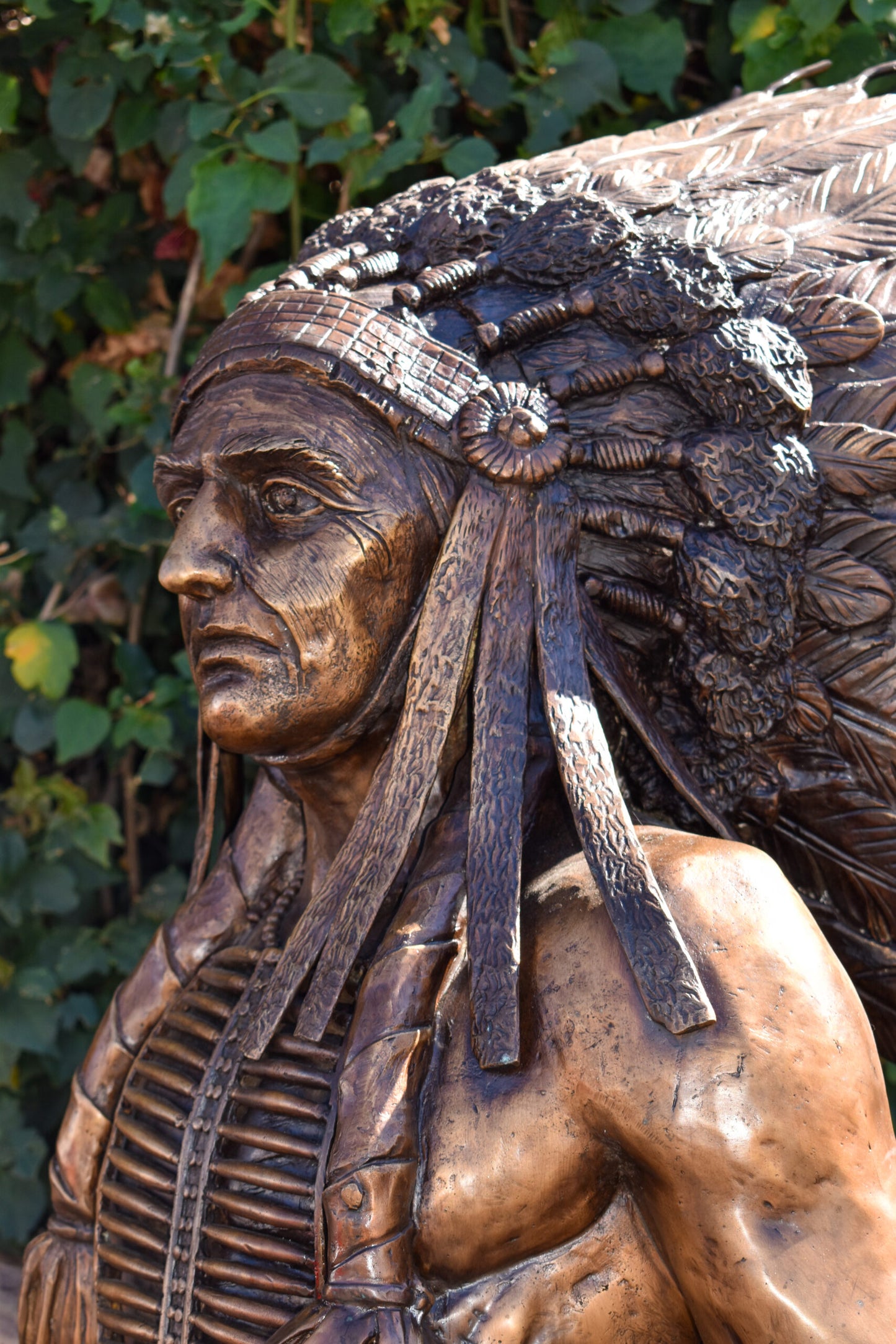Indian Chief Brown Patina Detailed Bronze Statue Size: 50" x 36" x 95"H